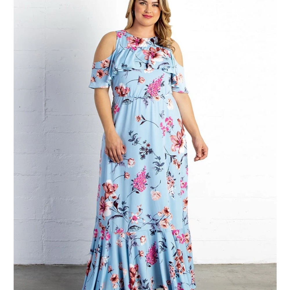 New Kiyonna Piper Cold Shoulder Floral Blue Maxi Dress Size 1X MSRP $140